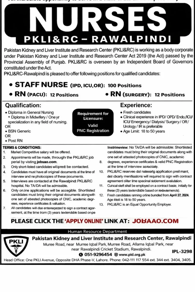 Nurses Jobs in PKLI Rawalpindi 2026 April Apply Online | Pakistan Kidney and Liver Institute Jobs jobaao.com