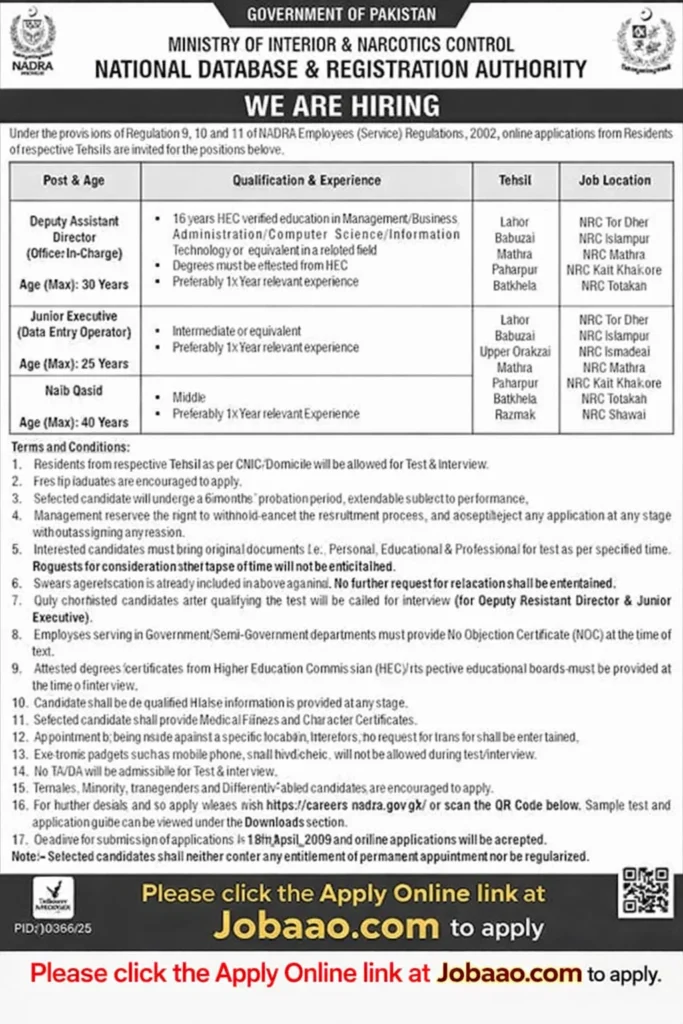 NADRA KPK Jobs April 2026 Apply Online Deputy Assistant Directors, Junior Executives & Naib Qasid Latest jobaao.com
