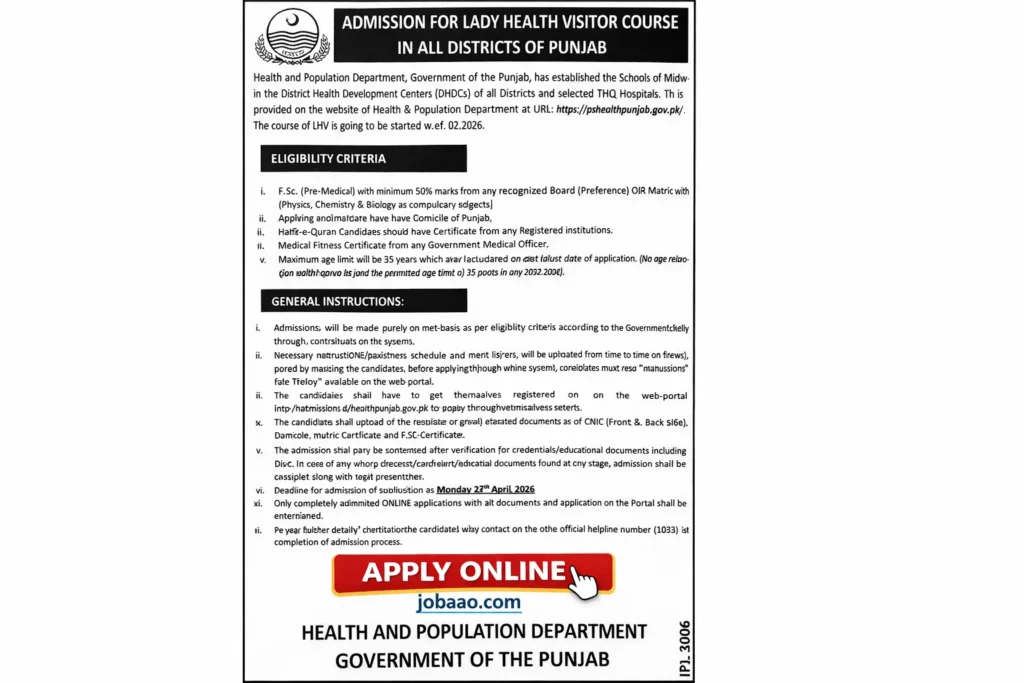 Lady Health Visitor Free Courses 2026 – Apply Online for Health Department Punjab Training Program (April Update)